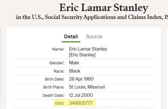Image showing Eric Lamar Stanley social security number